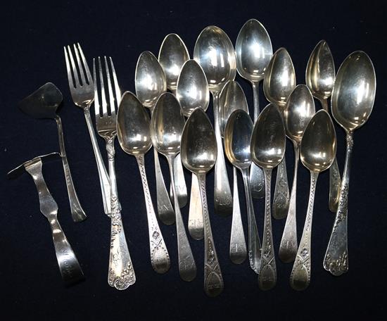 Six Georgian bright-cut silver teaspoons, various other silver teaspoons, two pushers, etc.